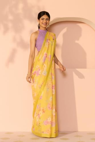 Taneira Light Yellow Printed Viscose Crepe SareeWith Unstitched Blouse(SAPP01AD4784-Light Yellow)