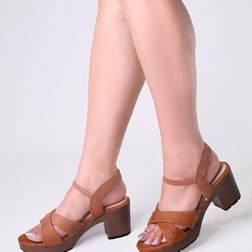 MONROW Maria Suede Leather Block Heels for Women, Brown, UK-6 | Fancy & Stylish Heel sandals, Casual, Comfortable Fashion Heel Sandal