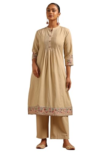 Soch Womens Beige Pure Cotton Solid Kurta Set With Kantha Embroidery