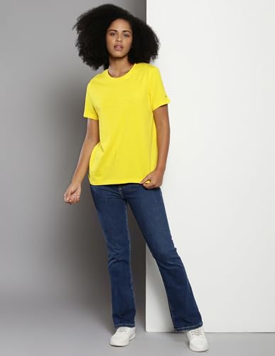 Tommy Hilfiger Women's Solid Regular Fit T-Shirt (S24HWKT249_Yellow