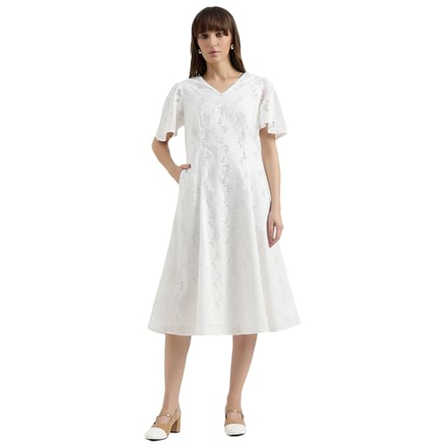 United Colors of Benetton Regular Fit V-Neck Schiffli Embroidered Dress (Size : EL) - 26P4WVNDRS83I101 White