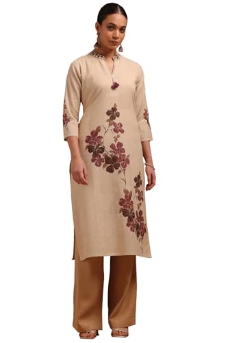 Soch Womens Beige Cotton Flex Floral Print Kurta with Thread Work