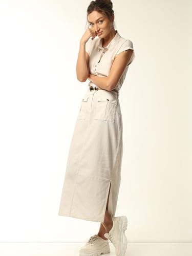 VERO MODA Women Solid White Linen Midi Length High-Rise A-Line Skirt