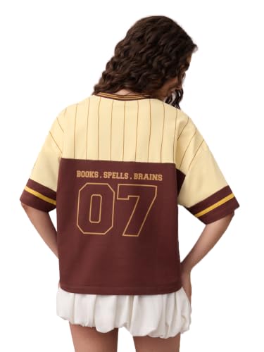 The Souled Store Harry Potter: Genius Women and Girls Short Sleeves V Neck Maroon and Beige Graphic Printed Cotton Oversized Breathable Lightweight All Season T-Shirts