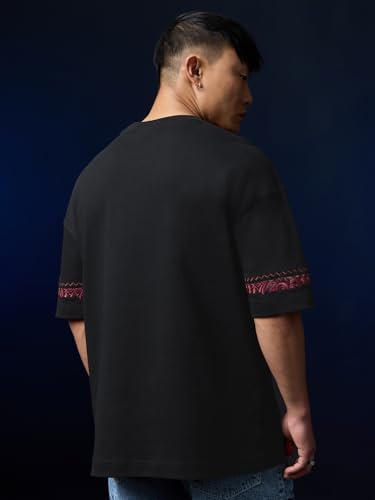 The Souled Store Captain America: Indie Shield Men and Boys Short Sleeves Round Neck Black Embroidered Casual Lightweight Drop Shoulder Streetwear Trendy Oversized T-Shirt