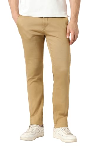 Men Khaki Textured Slim Fit Casual Trousers