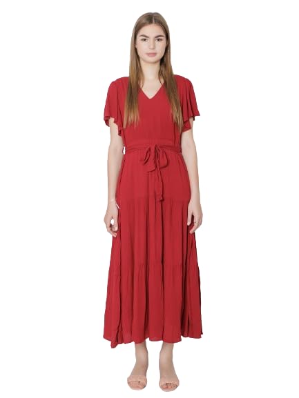 Zink London Women's Maroon Solid Regular Fit Maxi Dress