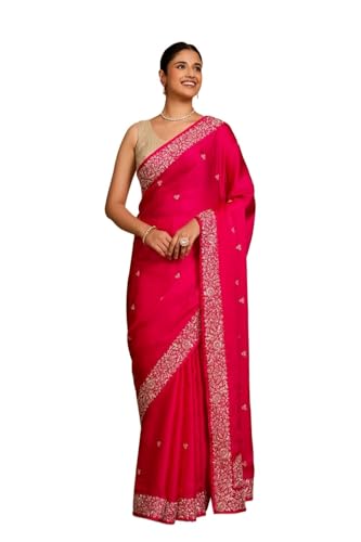 Taneira Women Pink Viscose Satin Embroidered Saree With Unstitched Blouse Piece (SAPP09AC5305-Pink)
