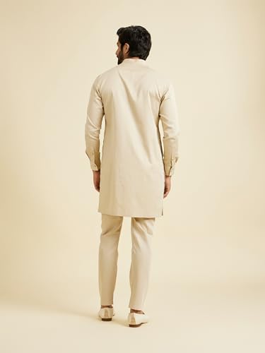 Manyavar Men's Cotton Solid Kurta Set (Natural,S)