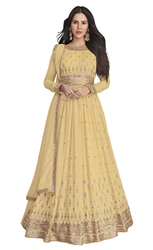 RUDRAPRAYAG Georgette Embroidered Semi-Stitched Gown for Women Yellow