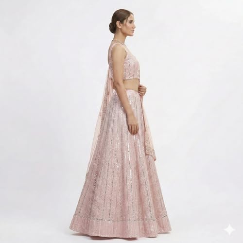 Kuber Enterprise Women's Semi-Stitched Grey Embroidered Lehenga Choli with Dupatta | Designer Net Flared Lehenga for Wedding | Heavy Sequin & Stone Work Ethnic Wear Set (Pink)