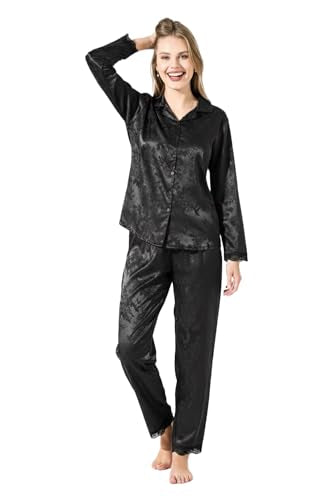 Kattly Nightsuit for Women | Luxury Coord Sets | Satin Loungewear | Women's Satin Nightsuit Set | Comfortable Pajama Set for Womens (Plus Size, Black-1, M)