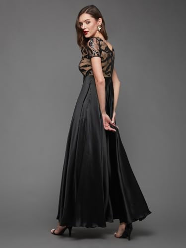 Miss Chase Women's Boat-Neck Short-Sleeve Abstract FitFlare Satin Maxi Dress (MCAW25D88-99-984-04, Elderberry Black, M)
