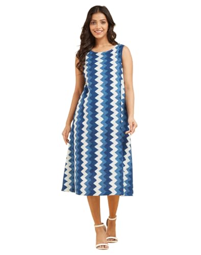 Fabindia Indigo Cotton Linen Dabu Printed Midi Dress