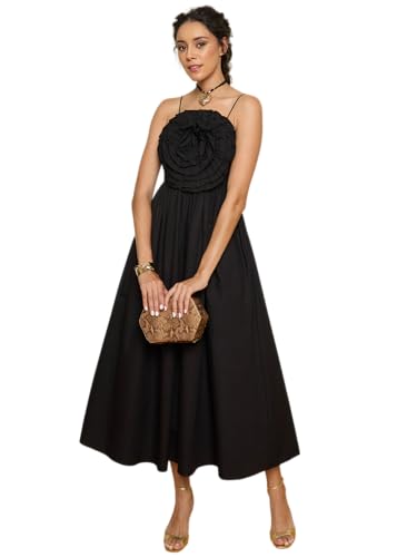 Pink Paprika by Sassafras Women Black Poplin Front Corsage Strappy Maxi Dress L