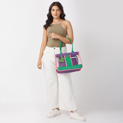 Caprese Madonna Laptop Tote Bag Large | Vibrant Transparent Handbag with Adjustable & Detachable Sling Strap, Secure Zip Closure | Shoulder Bag | Perfect for Office & Casual Use (Green & Purple)