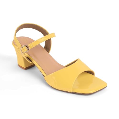 tresmode SOLOR Women's Block Heels Sandals Stylish Yellow, 6 UK / 39 EU - Square Toe Ladies Footwear Soft Comfortable Sandals