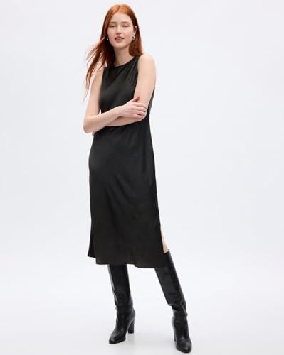 GAP Women Solid Sleeveless Midi Shift Dress,Black,L