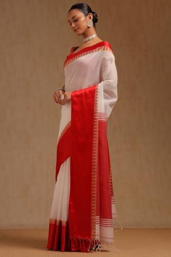 Soch Womens White Cotton Solid Saree