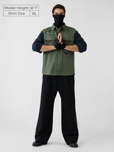 The Souled Store Naruto Shippuden: Kakashi Uniform Men and Boys Long Sleeves Collared Neck Button Front Green Embellished Regular Fit Cotton Utility Shirts