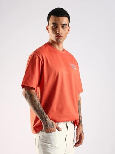 Calvin Klein Jeans Solid Relaxed Fit Cotton T-Shirt Mecca Orange