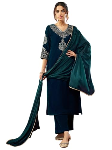 VARNI FABRICS: A lady's First Love Women's Teal Velvet Embroidered Salwar Suit With Chinon Dupatta, Festive Ethnic Wear (IN, Alpha, M, Regular)