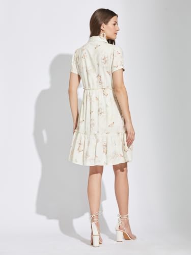 Latin Quarters Women White Collar Neck Half Sleeves Printed Above Knee Shirt Dress for Casual Wear_L