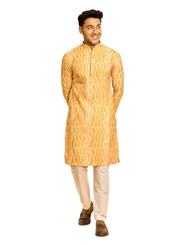 DIWAS BY MANYAVAR Men's Art Silk Leheriya Print Kurta Set (Yellow,XXL)