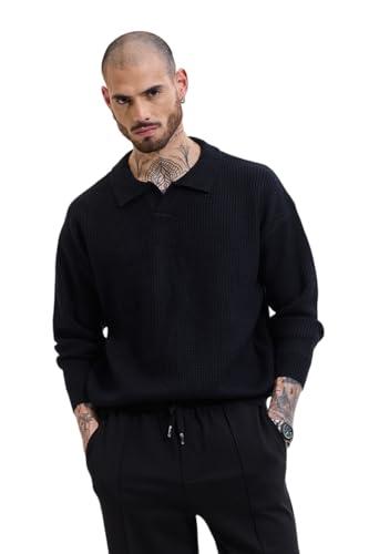 SNITCH Men's Sweater | Relaxed Fit Textured Knit Design | Viscose Blend Fabric with Polo Collar & Full Sleeves | Pullover Style for Casual & Streetwear Occasions |Black