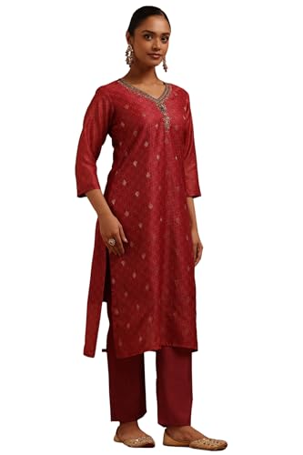 Soch Womens Deep Red Chanderi Embroidered Kurta Set With Mirror Work