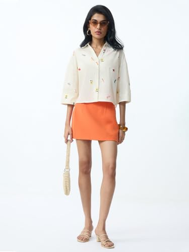 The Souled Store Dragonfly Women and Girls Three-Quarter Sleeves Collared Off White Embroidered Cotton Oversized Fit Breathable Lightweight Shirt for Casual Streetwear