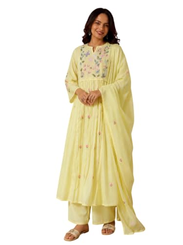 Varanga yellow embroidered muslin kurta set with dupatta