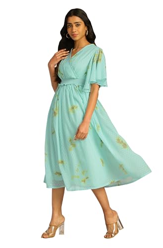 Janasya Women's Sea Green Dobby Georgette Tie-Dye Fit & Flare Dress(JNE4389-DR-XS)