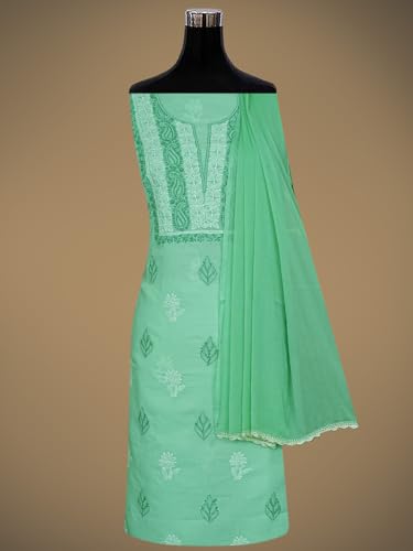 Ada Hand Embroidered Lucknowi Chikankari Unstitched Cotton Dress Material Suit Piece with Dupatta for Women 01A873268 Sea Green