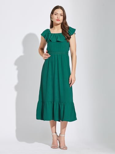 Latin Quarters Women Green Square Neck Cap Sleeves Solid Below Knee A-Line Dress for Casual Wear_M