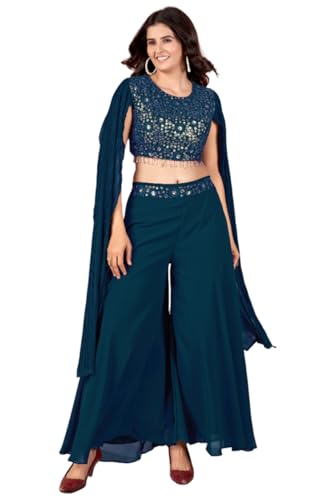 VARNI FABRICS Crop Top With Palazzo Set For Women Stylish Floral Embroidered Sequin And Thread Work | Festive & Ethnic Wear Indo-western Ensemble Perfect For Rakhi, Diwali & Occasions | Morpeach | 3XL