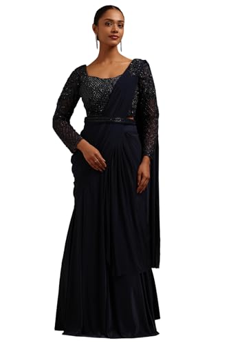 Soch Womens Navy Blue Spandex Solid Ready To Wear Saree