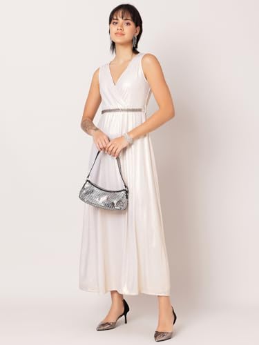 Faballey Women's Poly Lycra Ivory Metallic Wrap Maxi Dress with Embellished Belt (DRS06404_White