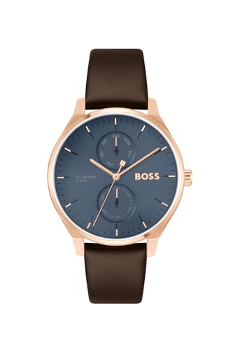 BOSS Tyler Qtz Multifunction Blue Round Dial Men's Watch|Brown Calfskin Material|Brown Color Band - 1514103