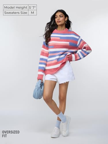 The Souled Store Textured Sweater: Heather Women and Girls Full Sleeves Round Neck Pink Blue and White Striped Acrylic Nylon Chunky Knit Casual Winter Pullover Oversized Sweater