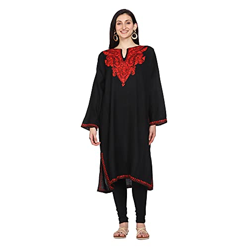 CRAFTBAZAR Kashmiri Woolen Black phiran with red Embroidery Plus Size