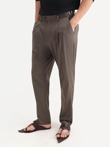 RARE RABBIT Men's Naji Dark Brown Cotton Blend Plain Relaxed Fit Trouser