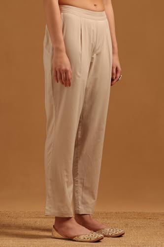 Soch Womens Beige Linen Floral Print Suit Set With Mirror Work