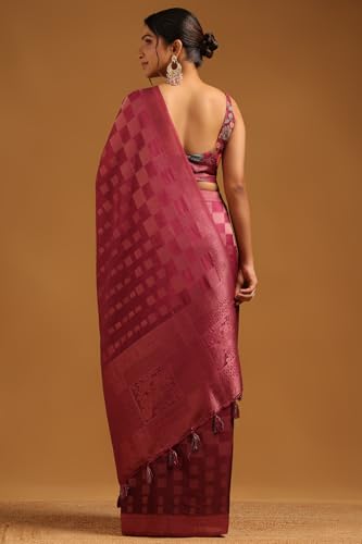 Soch Womens Wine Tussar Checked Saree With Zari Woven