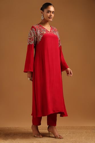 Soch Womens Fuchsia Crepe Embellished Co-Ords Set With Beads And Stones