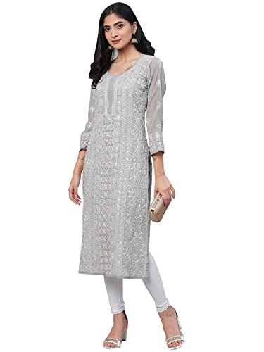 Ada Ladies Georgette Kurta with Slip Traditional Handcrafted Lucknow Chikankari Kurti Dress A411115 (Grey, XL)