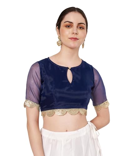 studio rasa Women's Organza Embellished Blouse for Festive Wedding Party (TPWC62538XL_Navy_X-Large)