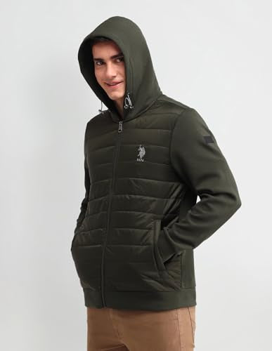 U.S. Polo Assn. Denim Co. Men's Green Solid Hooded Long Sleeve Casual Polyester Regular Fit Quilted Jacket (UDJCK1408_Green_S)