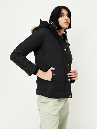 Max Women Quilted Puffer Jacket with Fur Hood (W23HWJ04BLACK)_S