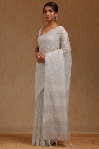 Soch Womens Grey Chanderi Floral Print Saree With Thread Work